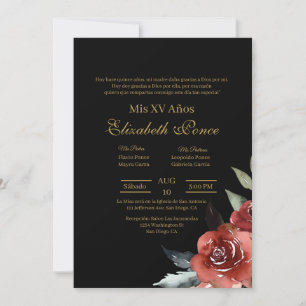 Black Red flower Quinceanera invitation
