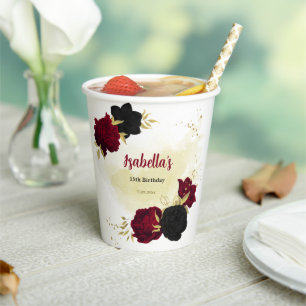 black red flowers gold leaves paper cups