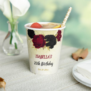 black red flowers gold leaves paper cups