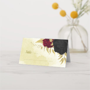 black red flowers gold leaves place card