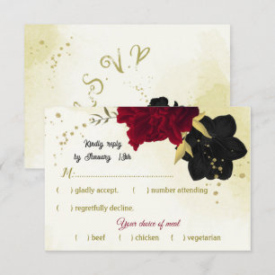 black red flowers gold leaves RSVP card