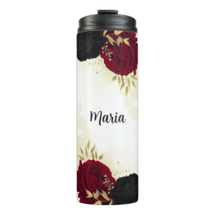 black red flowers gold leaves thermal tumbler