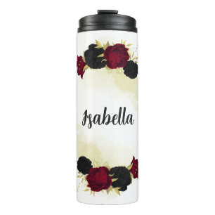black red flowers gold leaves thermal tumbler