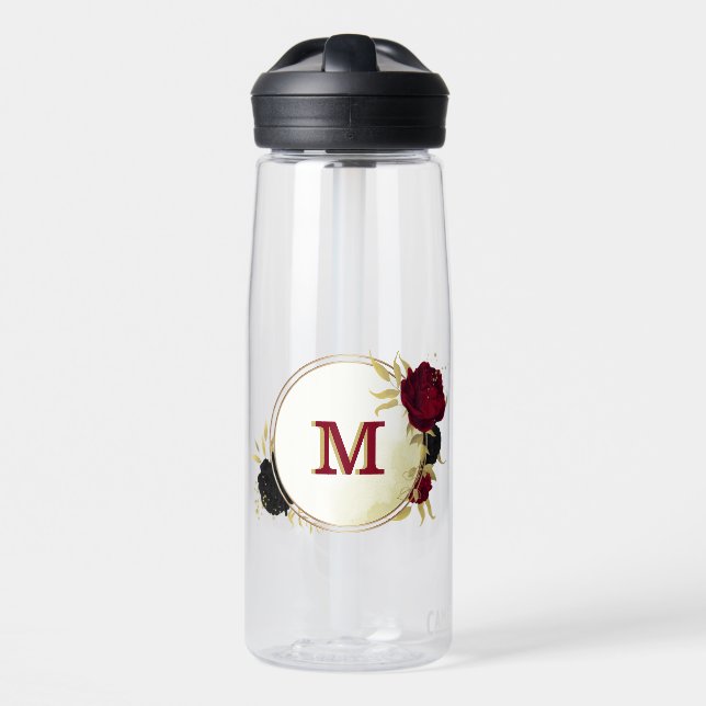 black red flowers gold leaves water bottle (Front)