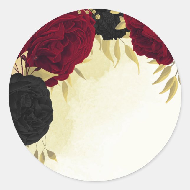black red flowers gold leaves wedding classic round sticker (Front)