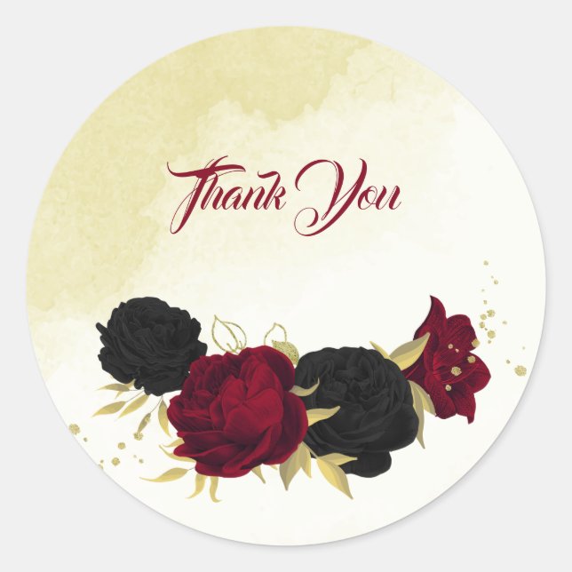 black red flowers gold leaves wedding classic round sticker (Front)