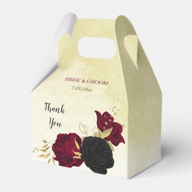 black red flowers gold leaves wedding favor box (Front Side)
