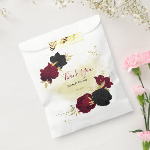 black red flowers gold leaves wedding favour bag