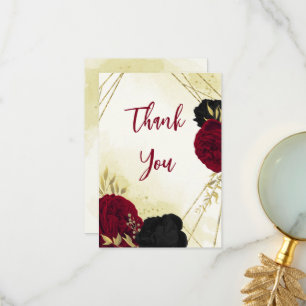 black red flowers gold leaves wedding thank you card