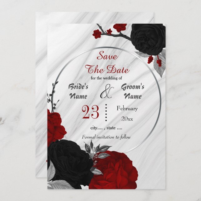 black red flowers grey leaves geometric marble  save the date (Front/Back)