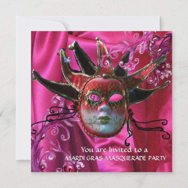 BLACK RED FUCHSIA JESTER MASK ,Masquerade Ball Invitation (Front)
