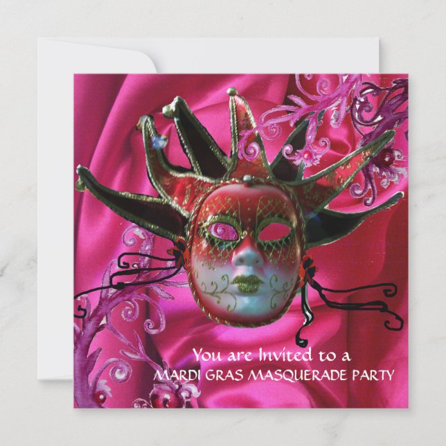 BLACK RED FUCHSIA JESTER MASK ,Masquerade Party Invitation (Front)