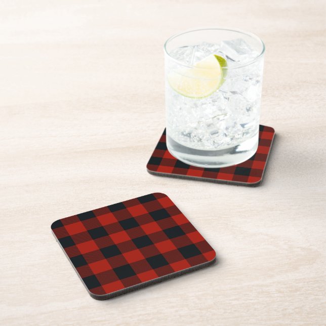 Black & Red Gingham Buffalo Chequered Plaid Coaster (Right Side)