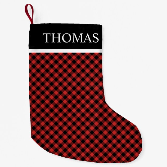 Black Red Gingham Custom Name Small Christmas Stocking (Front)