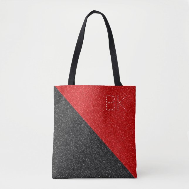 Black Red Glitter Chic Monogram Personalized Tote Bag (Front)