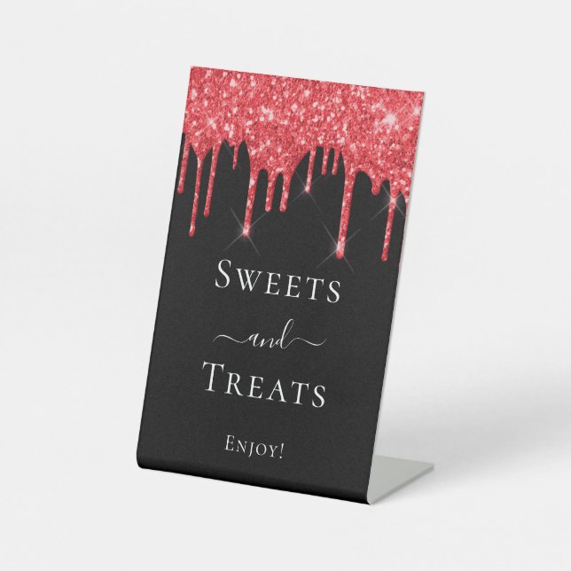 Black red glitter drips sweets Treats Halloween  Pedestal Sign (Front)