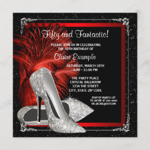 Black Red Glitter High Heels Womans 50th Birthday Invitation