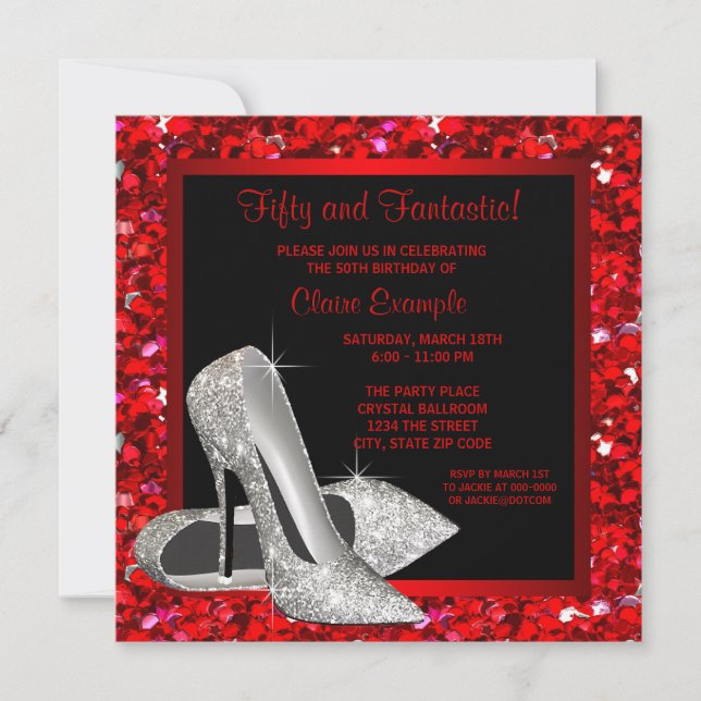 Black Red Glitter High Heels Womans 50th Birthday Invitation (Front)