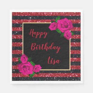 Black Red Glitter Stripes Pink Roses Birthday Napkin