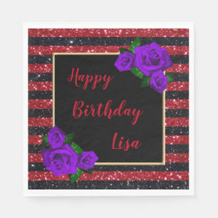 Black Red Glitter Stripes Purple Roses Birthday Napkin
