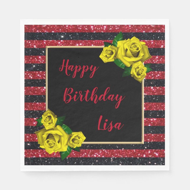 Black Red Glitter Stripes Yellow Roses Birthday Napkin (Front)