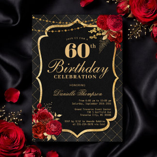 Black, Red & Gold 60th Birthday Invitation