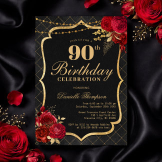 Black, Red & Gold 90th Birthday Invitation