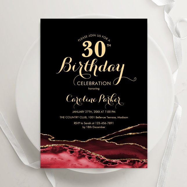 Black Red Gold Agate 30th Birthday Invitation (Creator Uploaded)