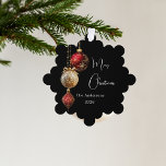 Black red gold baubles Christmas decor Ornament Card<br><div class="desc">A modern black coloured background. Decorated with red and gold baubles and some greenery and a pine cone.  Personalize and add your name,  year.  Text: Merry Christmas</div>