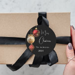 Black red gold baubles classic Christmas Classic Round Sticker<br><div class="desc">For a Christmas party favours or gift wrapping. A modern black coloured background. Decorated with red and gold baubles.  Personalize and add your name,  year.  Text: Merry Christmas</div>