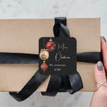 Black red gold baubles classic Christmas Square Sticker<br><div class="desc">For a Christmas party favours or gift wrapping. A black coloured background. Decorated with red and gold baubles.  Personalize and add your name,  year.  Text: Merry Christmas</div>