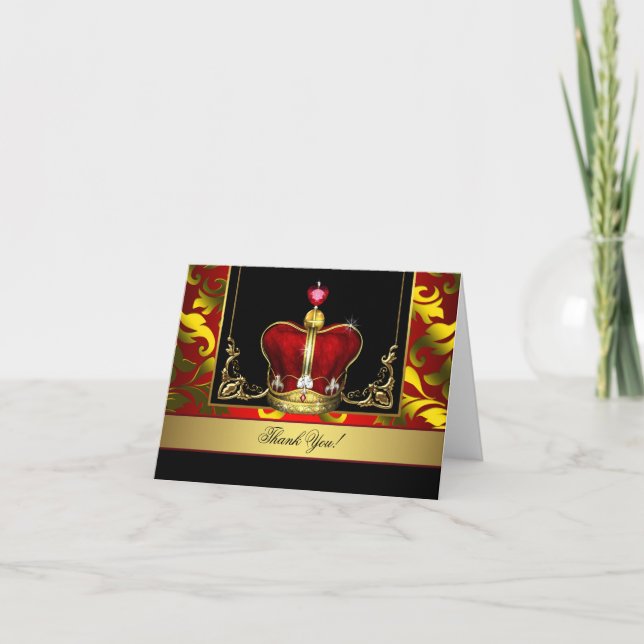 Black Red Gold Crown King Prince Thank You Cards (Front)