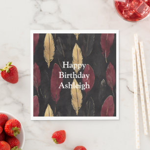 Black Red Gold Feathers Birthday Napkin