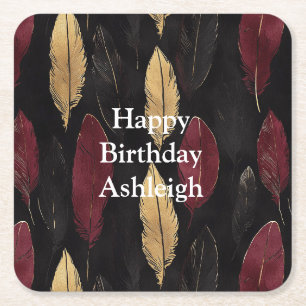 Black Red Gold Feathers Birthday Square Paper Coaster