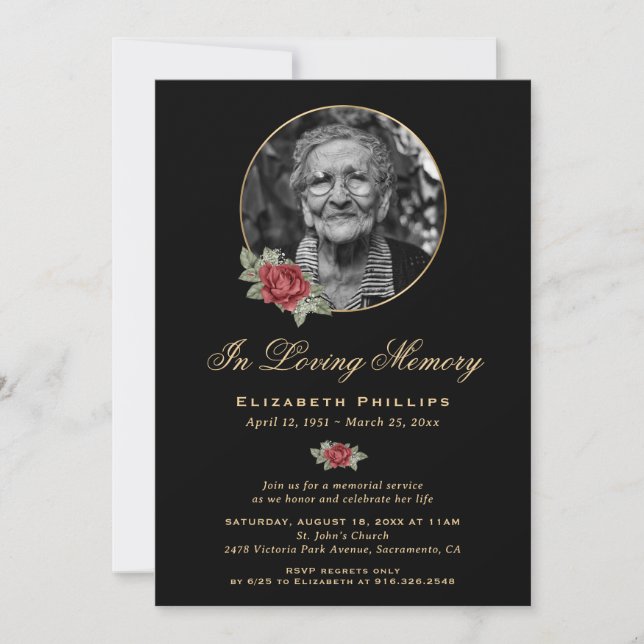 Black Red Gold Floral Photo Memorial Service Invitation (Front)
