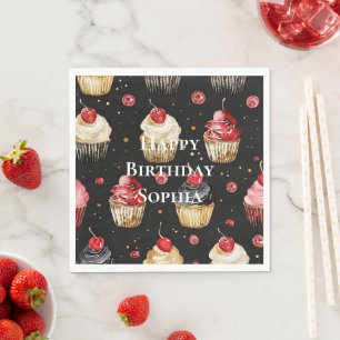 Black Red Gold Glam Cupcakes Birthday Napkin