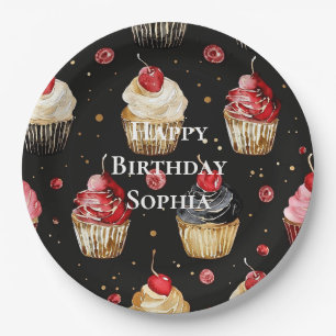 Black Red Gold Glam Cupcakes Birthday Paper Plate