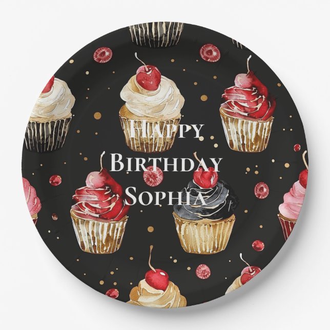 Black Red Gold Glam Cupcakes Birthday Paper Plate (Front)