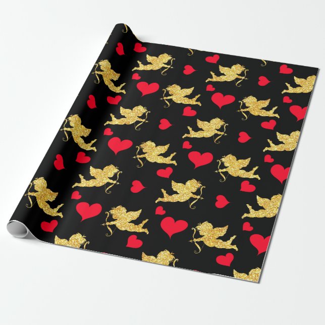 Black Red Gold Heart Pattern Cute Valentine's Day Wrapping Paper (Unrolled)