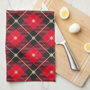 Black Red Gold Lumberjack Plaid Pattern Kitchen Towel