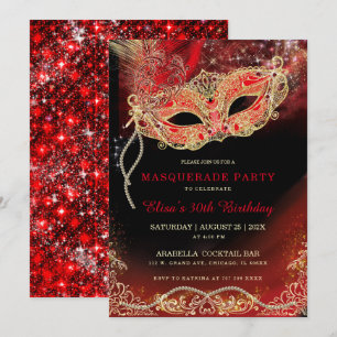 Black Red Gold  Masquerade Invitation