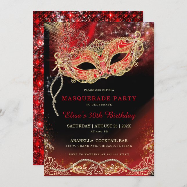 Black Red Gold  Masquerade Invitation (Front/Back)