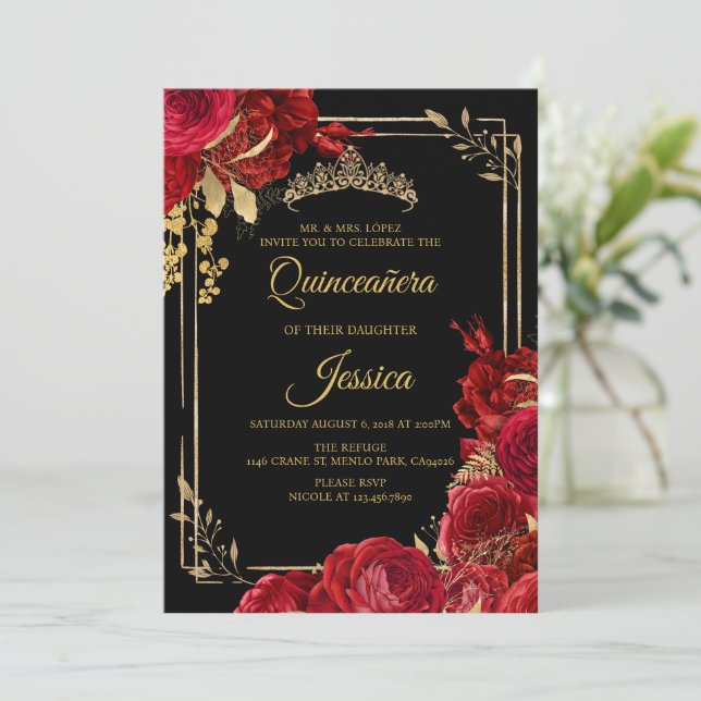Black Red Gold Quinceanera Invitation (Standing Front)