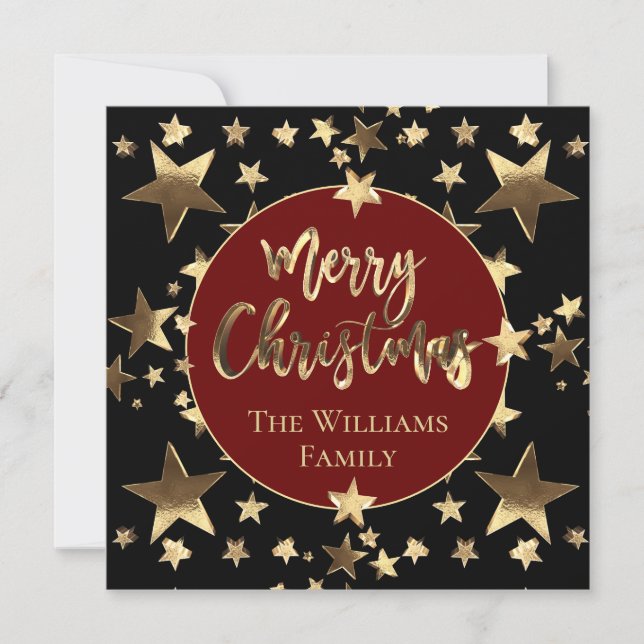 Black Red Gold Script Stars Modern Merry Christmas (Front)
