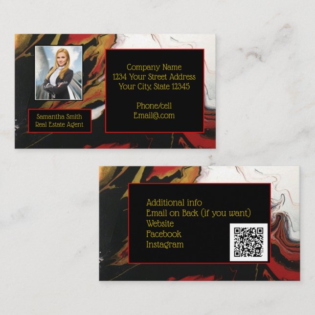 Black Red Gold with Photo with QR code Business Card (Front/Back)