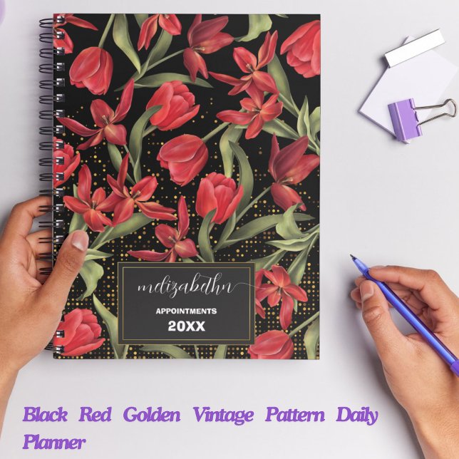 Black Red Golden Vintage Pattern Daily Planner  (Professional Planner for Business, Work, and School)