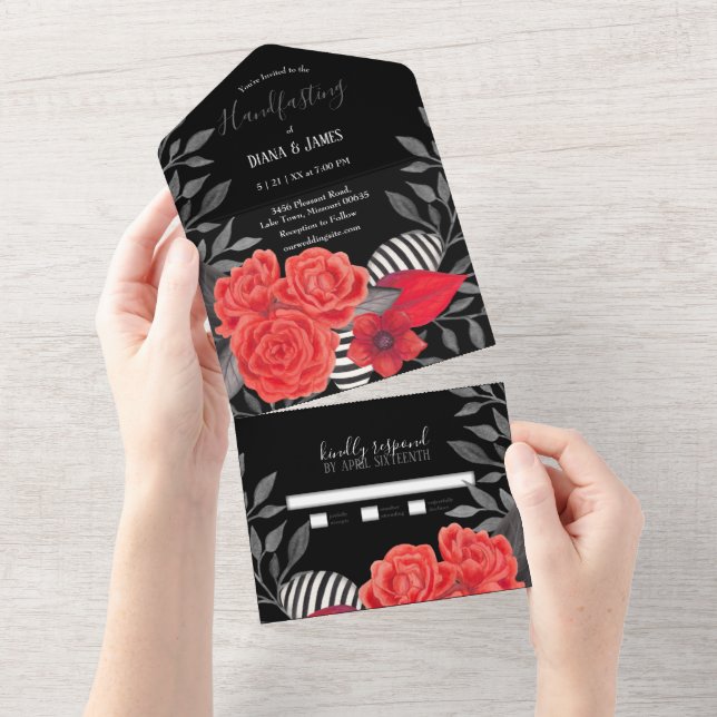 Black Red Gothic Floral Handfasting All In One All In One Invitation (Tearaway)