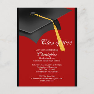 Black Red Grad Cap Graduation Party Invitation Postcard