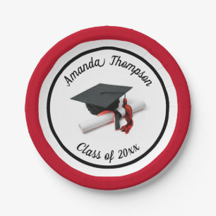Black Red Graduation Cap and Tassel   Custom Paper Plate