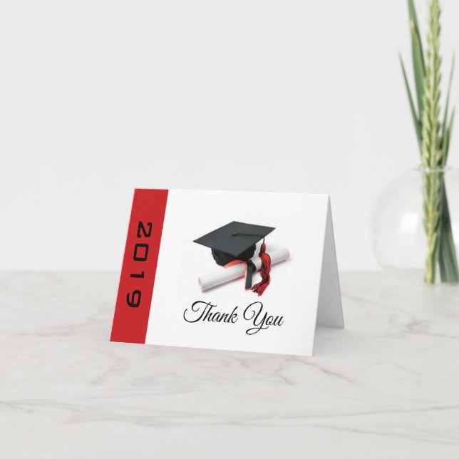 Black & Red Graduation Cap and Tassel Thank You Card (Front)